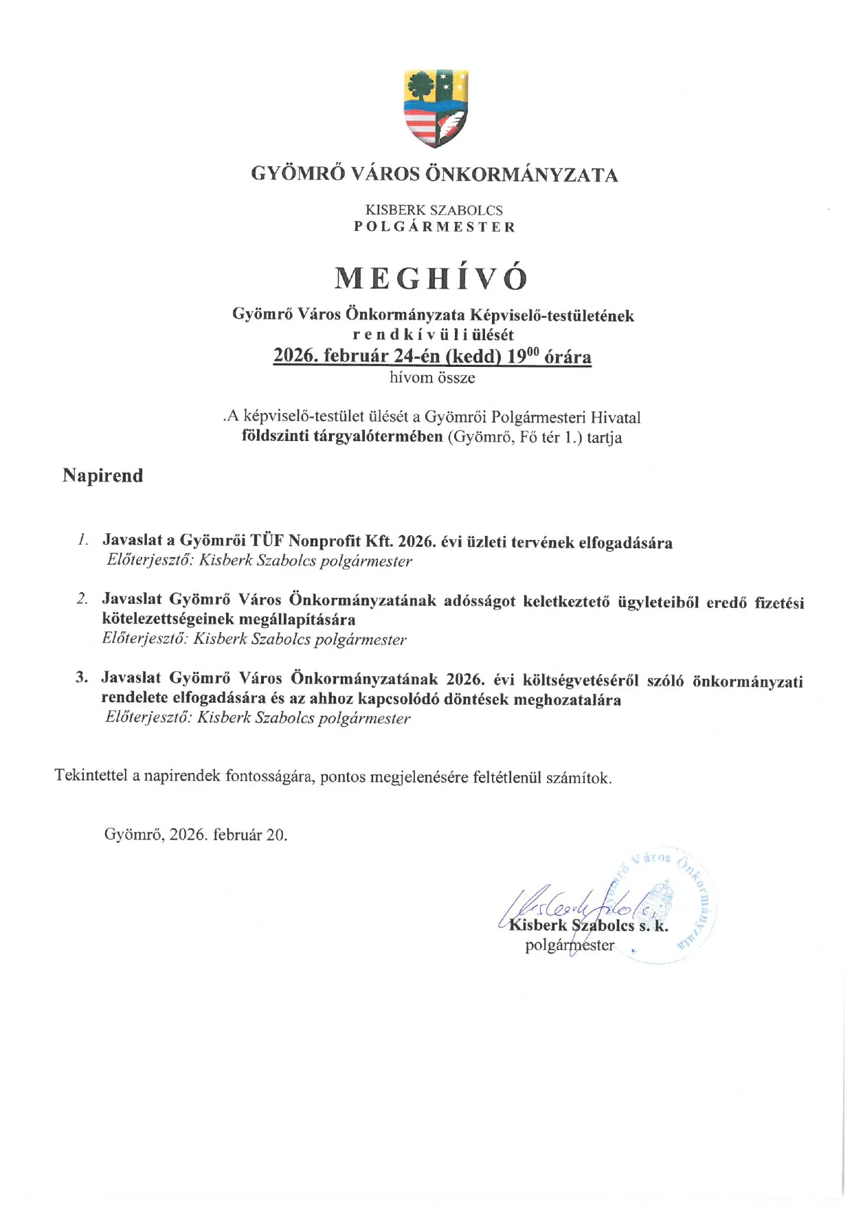 Meghívó 2026.02.24. Rk. Testületi ülés