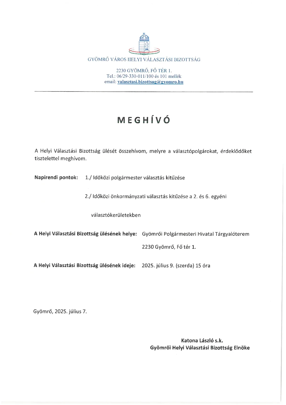 Meghívó a Gyömrői Helyi Választási Bizottság ülésére 202507091