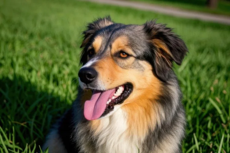 Australian shepherd dog sitting on the green grass in the park and looking at the camera